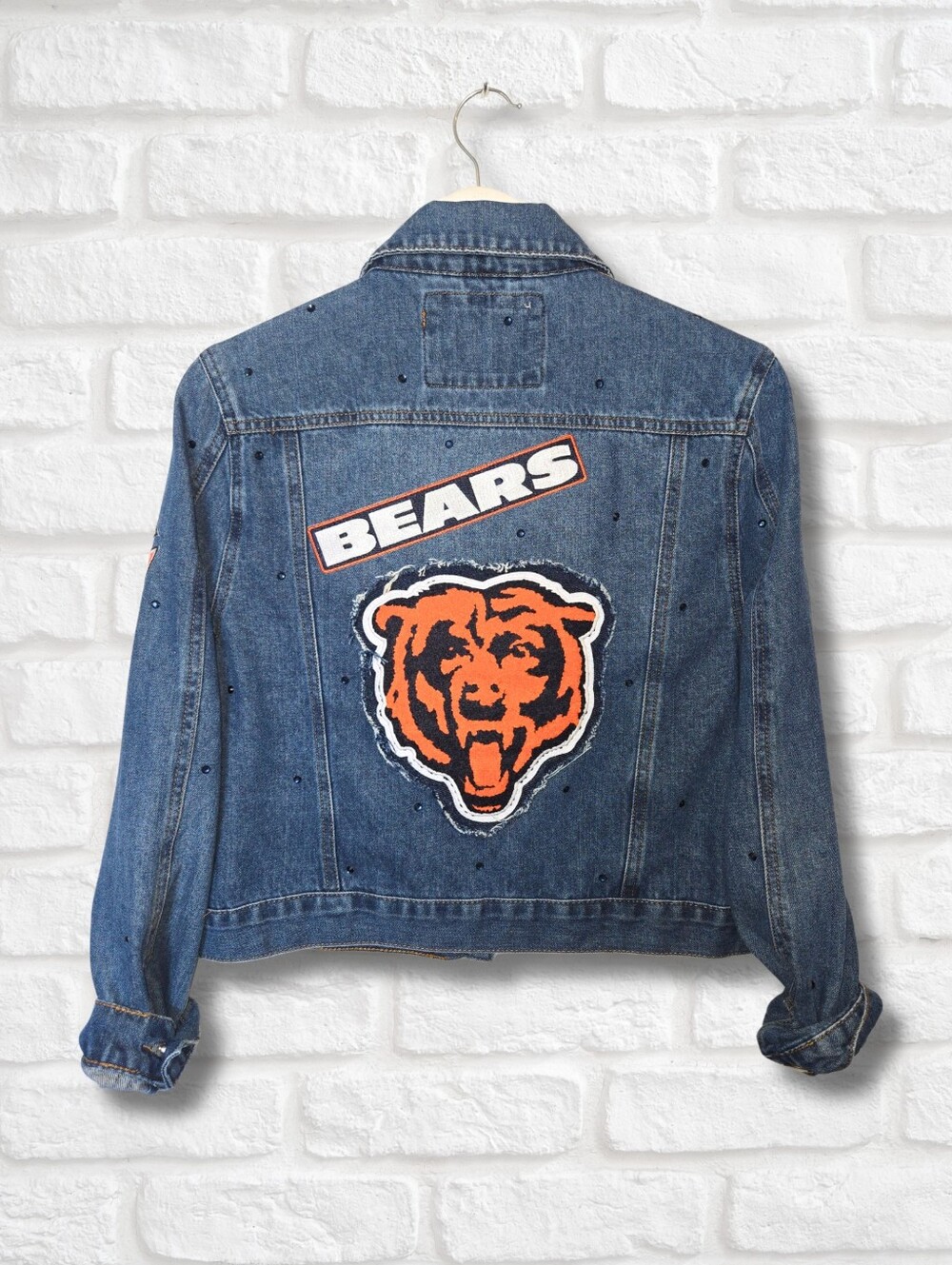 Chicago Bears Crop Denim Jacket W/Rhinestones